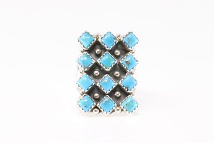 Native America Navajo Sterling Silver 3 Rows Turquoise Ring By Verley Betone.