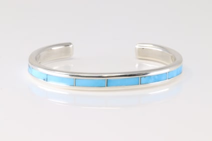 Native America Zuni Sterling Silver Turquoise Inlay Bracelet Cuff By Lawrence Lorett.
