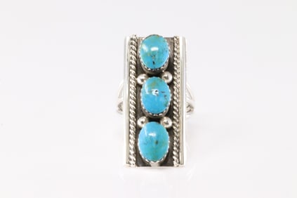 Native American Navajo Sterling Silver Turquoise Ring 3 Stone By Arlene Lewis.
