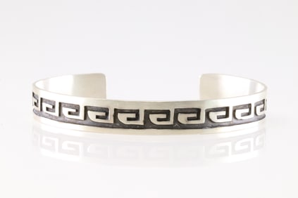 Native American Navajo Sterling Silver Stamped Design Bracelet Cuff By Lester Gene.
