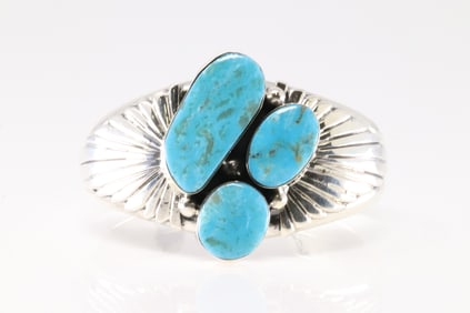 Native America Navajo Sterling Silver Kingman Turquoise Bracelet 3 Stone Cuff By Emerson Delgarito.