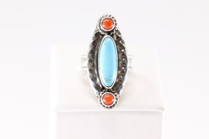 Native America Navajo Sterling Silver Coral & Turquoise Ring By Leroy Silversmith.