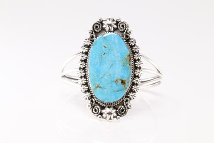 Native America Navajo Sterling Silver Kingman Turquoise Bracelet Cuff By Jennifer Cayaditto.