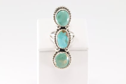 Native America Navajo Sterling Silver Kingman Turquoise Ring 3 Stone By S.