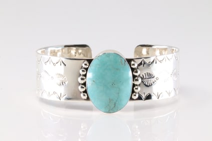 Native America Navajo Sterling Silver Turquoise Bracelet Cuff By David Lee.
