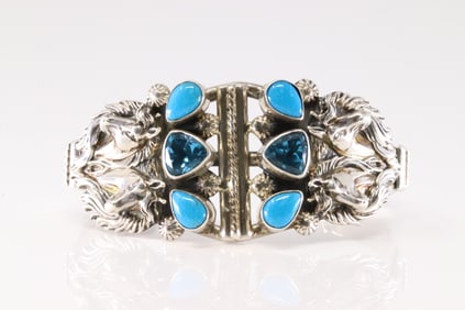 Native America Navajo Sterling Silver Blue Topaz & Turquoise Bracelet Head Horse Cuff By R.B.