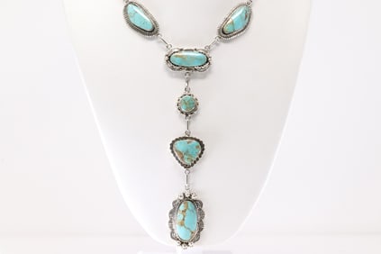 Native America Navajo Sterling Silver Kingman Turquoise Necklace By Leroy Silversmith.