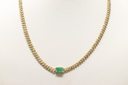 Emerald & Diamond Cuban Link Necklace 14Kt.
