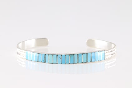 Native America Zuni Sterling Silver Turquoise Bracelet Cuff By Orlando Laweeka.