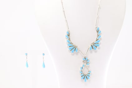 Native America Zuni Sterling Silver Turquoise Necklace & Earring's Set By GBNB.