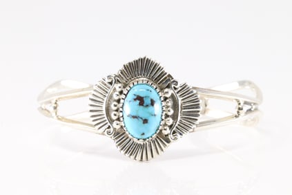 Native America Navajo Sterling Silver Turquoise Bracelet Cuff By Bobby Platero.