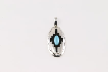 Native America Navajo Sterling Silver Turquoise Pendant By Felix Perry.