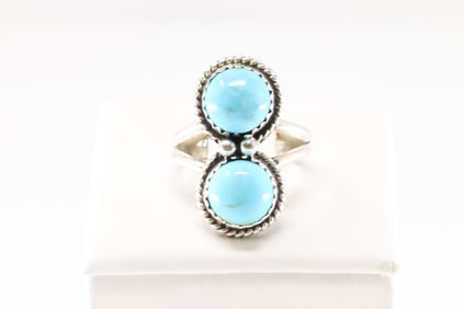 Native America Navajo Sterling Silver Turquoise Ring 2 Stone By E.W.