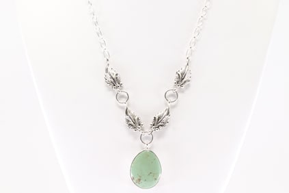 Native America Navajo Sterling Silver Turquoise Necklace Leaf By Verley Betone.