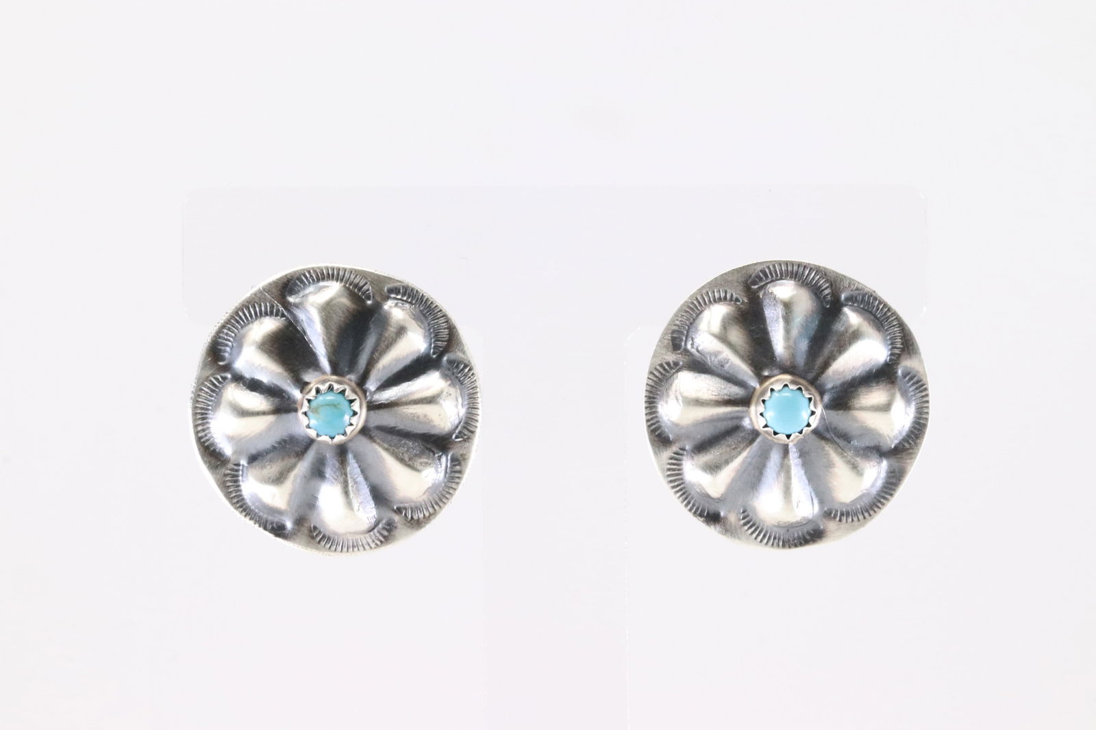 Native America Navajo Sterling Silver Turquoise Conch Post Earring's By Joan Begay.: This is a Native America Navajo Sterling Silver Turquoise Conch Post Earring's By Joan Begay.