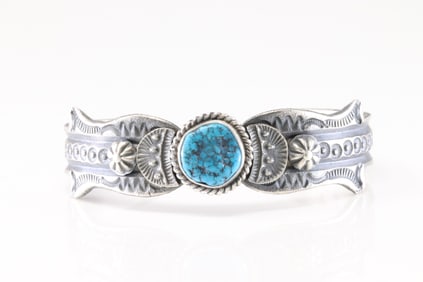 Native America Navajo Sterling Silver Kingman Turquoise Bracelet Cuff By K.Billah.