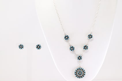 Native America Zuni Sterling Silver Turquoise Necklace & Earring's Set By Tricia Leekity.
