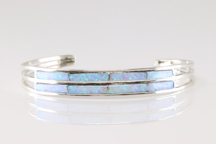 Native America Navajo Sterling Silver Opal Inlay Bracelet Cuff By Jamie J.