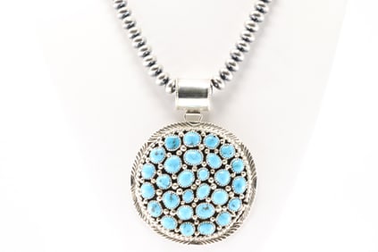 Native America Navajo Sterling Silver Kingman Turquoise Pendant By M.J. With Pearl Beaded Sterling