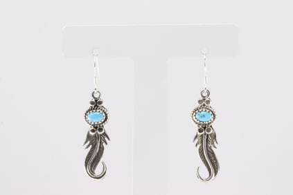 Native America Navajo Sterling Silver Turquoise Feather Dangling Earring By Sharon McCarthy.