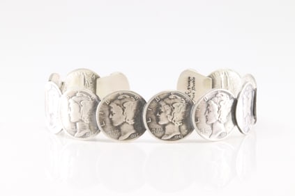 Native America Navajo Sterling Silver Turquoise Mercury Dime Coin Bracelet Cuff By James McCabe.