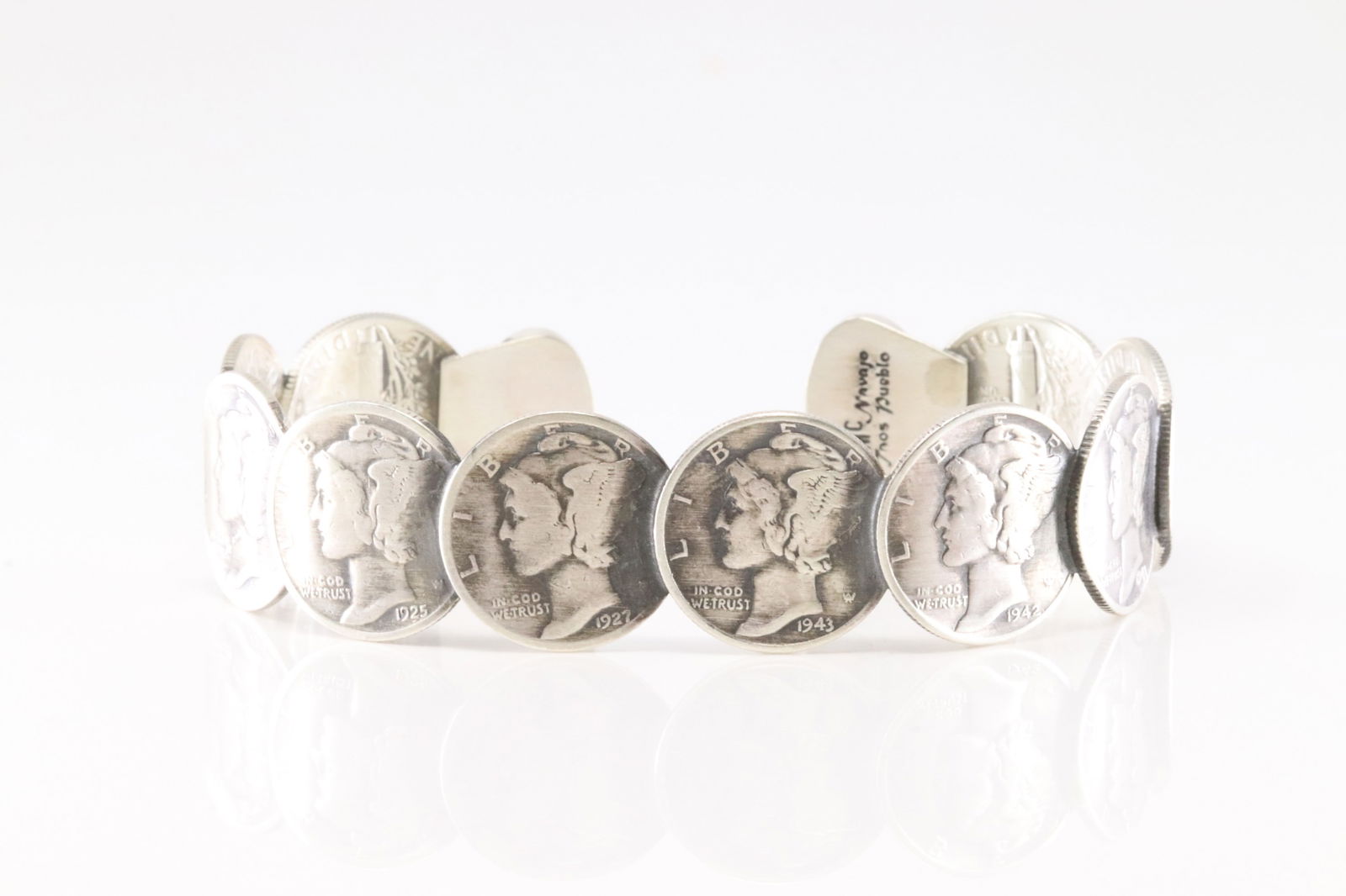 Native America Navajo Sterling Silver Turquoise Mercury Dime Coin Bracelet Cuff By James McCabe. (1 of 4)