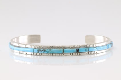 Native America Navajo Sterling Silver Turquoise Inlay Bracelet By S.F.
