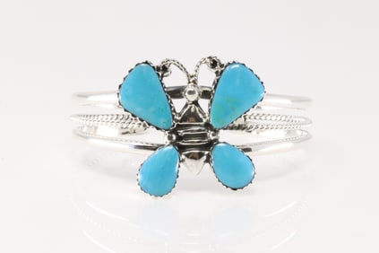 Native America Navajo Sterling Silver Turquoise Butterfly Bracelet Cuff By Gregg Yazzie.