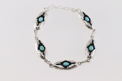 Native America Navajo Sterling Silver Turquoise Bracelet Link By Felix Perry.