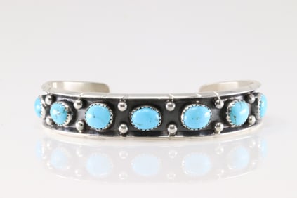 Native America Navajo Sterling Silver Kingman Turquoise Bracelet Cuff By Reed Charley.