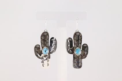 Native America Navajo Sterling Silver Turquoise Cactus Dangling Earring's By Aaron Davis.