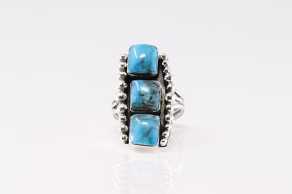 Native America Navajo Sterling Silver Turquoise Ring By David Lopez.