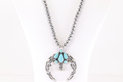 Native America Navajo Sterling Silver Turquoise Naja Necklace By Bobby Platero.
