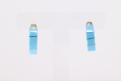 Native America Zuni Sterling Silver Turquoise Hoop Earring's By Gilbert Kanesta.