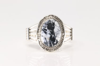 Native America Navajo Sterling Silver White Buffalo Bracelet Cuff By S.E.