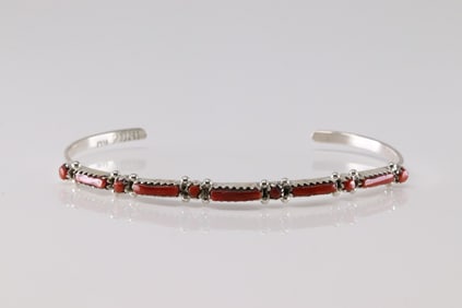 Native America Zuni Sterling Silver Coral Bracelet Cuff By W.