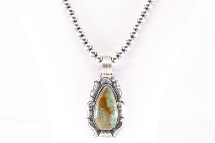 Native America Navajo Sterling Silver Kingman Turquoise Pendant By Tilli John. With Pearl Beaded