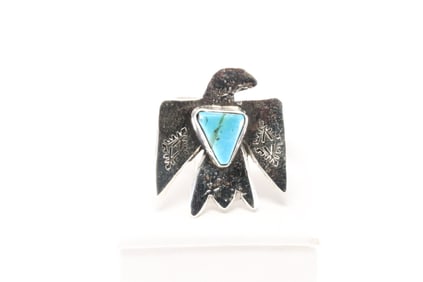 Native America Zuni Sterling Silver Turquoise Thunderbird Ring By Jude Candelaria.