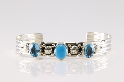 Native America Navajo Sterling Silver Blue Topaz & Turquoise Bracelet Cuff By Gilbert Smith.