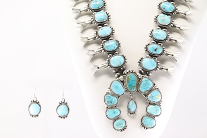 Native America Navajo Sterling Silver White Water Turquoise Squash Blosoom Necklace & Earring's Set