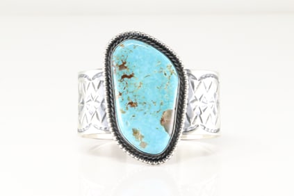 Native America Navajo Sterling Silver Kingman Turquoise Bracelet Cuff By Chimney Butte.
