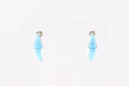 Native America Zuni Sterling Silver Turquoise Inlay Hoop Earring's By Robert Kanesta.