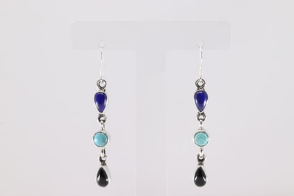 Native America Navajo Sterling Silver Multi-Color Stone Dangling Earring's By Tuna Benally.