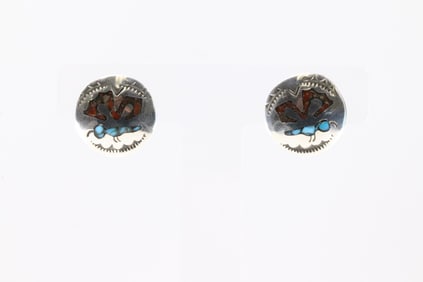 Native America Zuni Sterling Silver Stamped Butterfly Coral & Turquoise Post Earring's By Joleen