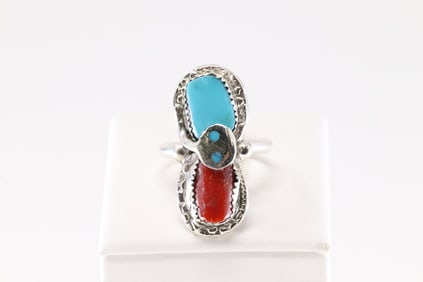 Native America Zuni Sterling Silver Coral & Turquoise Ring By Effie C.