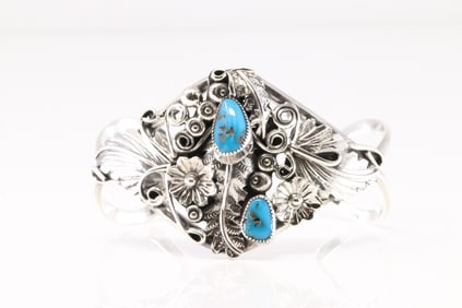Native America Navajo Sterling Silver Turquoise Bracelet Floral By Harry B.Yazzie.