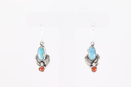 Native America Navajo Sterling Silver Coral & Turquoise Dangling Earring's By Robert Martinez.