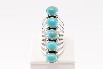 Native America Navajo Sterling Silver Turquoise 5 Stone Ring By Thomas Yazzie.