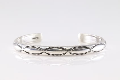 Native America Navajo Sterling Silver Stamped Bracelet Cuff By Elaine Tahe.