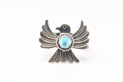 Native America Navajo Sterling Silver Turquoise Thunderbird Ring By Delayne Reeves.
